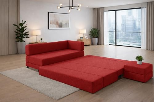 Image of Leg Sofa Cum Bed with Ottoman | Jute Fabric | Multipurpose Folding 3 Seater Sofa Bed 5x6 Ft for Living Room | Space Saving Furniture | Modern Design - Red