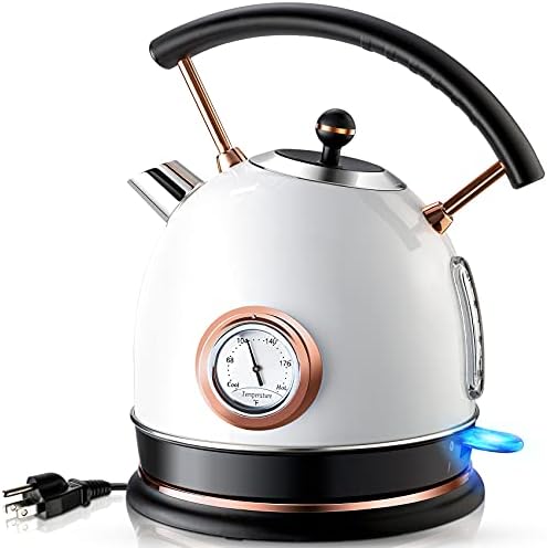 Pukomc Retro Electric Kettle Stainless Steel 1.8L Tea Kettle, Hot Water Boiler with Temperature Gauge, Led Light, Fast Boiling, Auto Shut-Off&Boil-Dry Protection (White)