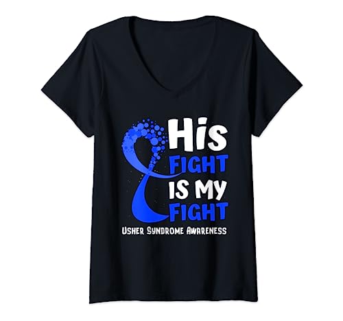 Donna Consapevolezza della sindrome di Usher Nastro Blu Speranza Famiglia Combattente Maglietta con Collo a V