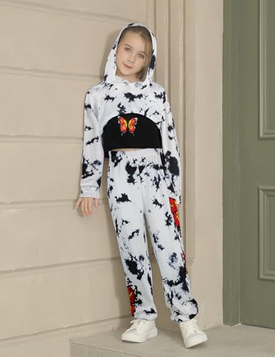 Image of Gaupafmb Girls Clothes 3PC Tie-dye with Butterfly Print Hoodie Sweatshirt Butterfly Print Cami Tops Sweatpants Girls