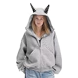 zvyubn Cat Ear Hoodie Women's Loose Long Sleeve Zip Up Punk Inspired Stud Oversized Y3K Sweaters Harajuku Fashion Street wear Outfits M Gray