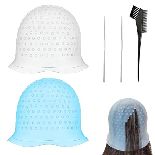 2 Pièces Bonnet Meches Cheveux,Kit Meche Cheveux Avec 2 Aiguille À Crochet en Metal et 1 Pinceau Coloration Cheveux,Pour Teinture des Cheveux - Réutilisable