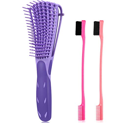 3 Pieces Detangling Brush Set with Edge Brush Double Sided, Hair Detangler for Afro America Textured 3a to 4c Kinky Wavy for Wet/ Dry/ Long Thick Curly Hair (Purple, Pink, Rose Red)