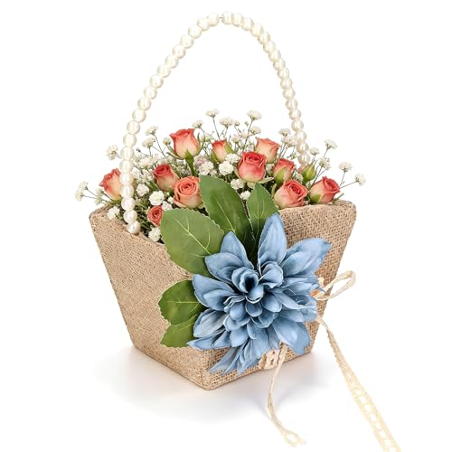 Flower Girl Basket,Burlap Wedding Flower Girl Basket with Pearl Handle,Linen Wedding Basket for Wedding Ceremony(Blue)