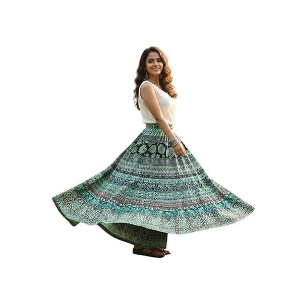 Image of HARSHITA-Enterprises Jaipuri Women's Cotton Printed Elastic Long Skirts