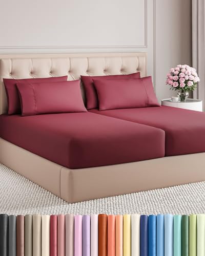 Image of Split King 7 Piece Bed Sheet Set - Comfy, Breathable & Cooling - Burgundy | Ultra-Soft Hotel Luxury Bedding Set w / 8-16 Inch Deep Pockets, 1 Flat & 2 Fitted Sheet & 4 Pillowcases, Wrinkle & Fade Free
