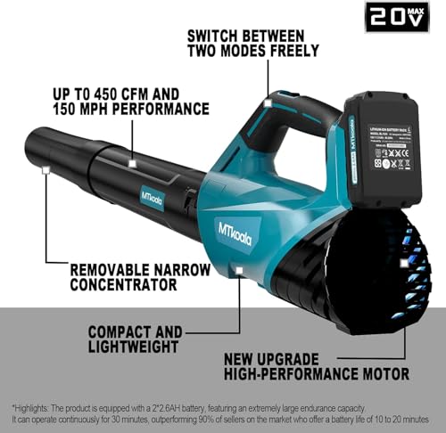 Image of Leaf Blower, 2 * 2.6AH Batteries and Fast Charger, 450CFM &150MPH-Blue