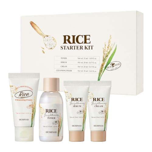 SKINFOOD Rice Starter Kit Rice Toner Rice Serum Rice Moisturizer and Rice Face Wash for Glass Skin Korean Skin Care Set Travel Size Kit Stocking Stuffers Gift Set for Women Skincare Gift Set