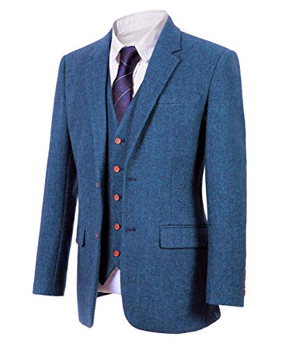 Wemaliyzd Men's British 3 Piece Plaid Tweed Suit V-Neck Single Breasted Waistcoat Pants (Blue, 48R) #TOP1