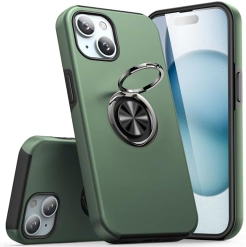 KRAFTCARE Case Compatible for iPhone 15 Case with Kickstand Ring, Upgrade Shockproof and Anti Scratch 360° Magnetic Ring Holder Stand Protective Phone Case Cover Compatible for iPhone 15 - Green