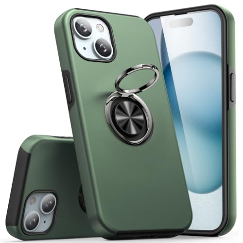 KRAFTCARE Case Compatible for iPhone 15 Case with Kickstand Ring, Upgrade Shockproof and Anti Scratch 360° Magnetic Ring Holder Stand Protective Phone Case Cover Compatible for iPhone 15 - Green