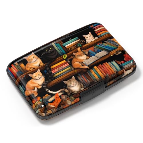 Image of Card Holder Credit Cards Holder for Women RFID wallet women Business Card Holder Wallet Mini Aluminum Card Wallet RFID Blocking Slim Metal Hard Card for Women, Cat Illustration
