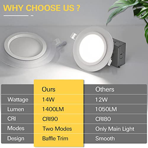 12 Pack 6 Inch New Construction Integrated Led Recessed Night Light Retrofit Module Kit W/Selectable 5Cct, Cri90, 1400Lm, 14W=120W, Baffle Trim, Dimmable Can-Killer Downlight, J-Box Included #TOP3