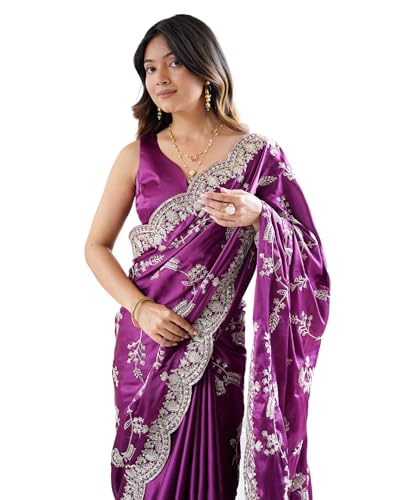 Image of Satrani Women's Satin Embroidery & Sequin Work Saree with Unstitched Blouse Piece