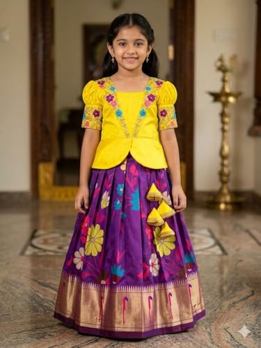 Image of White Button Girls South Indian Pattu Pavadai | Traditional Digital Print Satin Lehenga Choli Set
