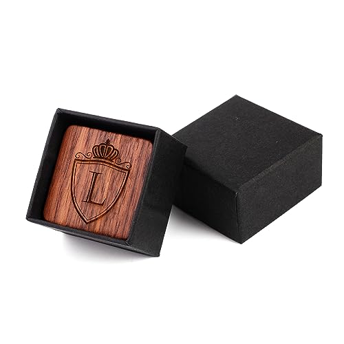 Image of Mens Initial Silver Cufflinks A-Z Alphabet Letter Steel Cuff Links with Engraved Walnut Wood Box Groom Groomsman Wedding Set