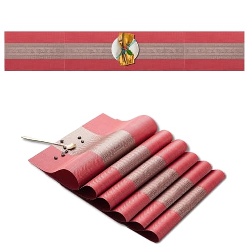 Image of Dining Table Placemats & Runner Set - Heat Resistant, Washable & Stain Resistant Woven Vinyl Mats | Table Runner & 6 Placemats Set for Stylish Dining (45x30 cm Placemats, 180x30 cm Runner)