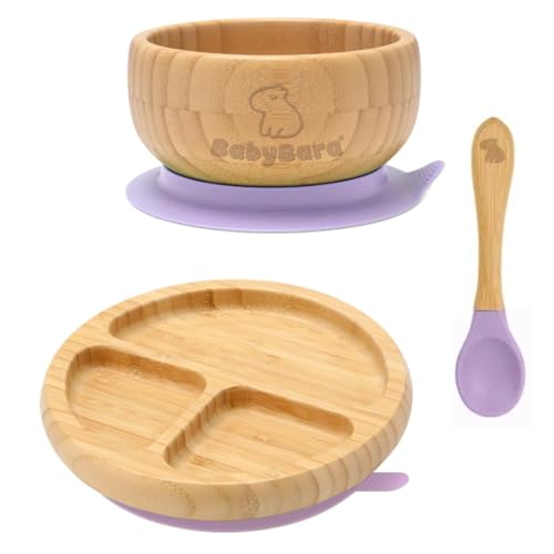BABYBARA ® Plates and Bowls Set, Weaning Set, Baby Weaning Set, Bamboo Bowl Plate and Spoon, Segmented Baby Feeding Set with suctions, Baby weaning Essentials, Tableware Set