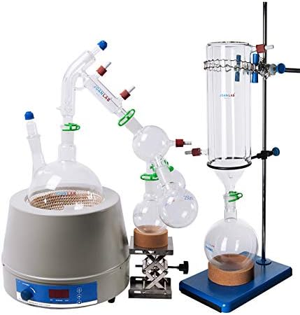 Short Path Distillation Set with Cold Trap, 2000 ml (Glassware with Heating Stirring Mantle, Metal Stands and Clamps)