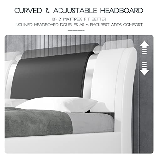 Einfach Low Profile King Platform Bed Frame With Adjustable Headboard/Deluxe Solid Upholstered Modern Bed Without Box Spring/Faux Leather And Strong Wood Slats, Black With White Side #TOP3