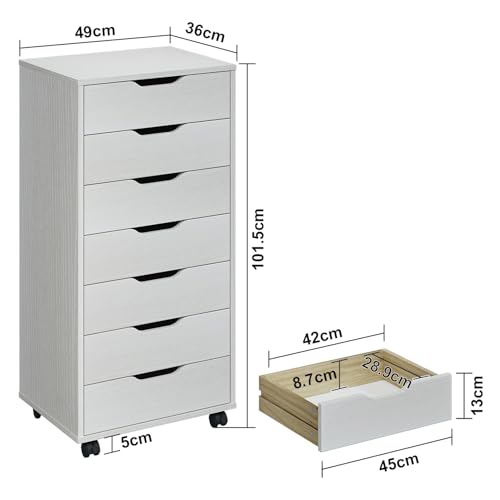 Image of Panana 7 Drawer Mobile File Cabinet, Wooden Under Desk Storage with Wheels Office Organization Vertical Filing Chest of Drawers for Home Office (White)