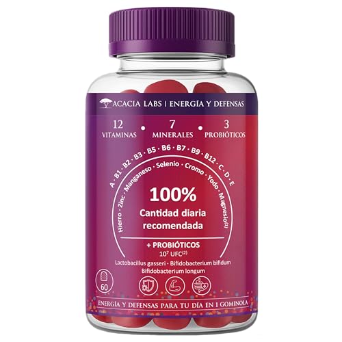 Gominolas Multivitaminas de fresa con 12 Vitaminas, 7 Minerales y 3 Probióticos - 100% cantidad recomendada diaria - 1 Gominola al día (2 meses) - La única con una fórmula tan completa