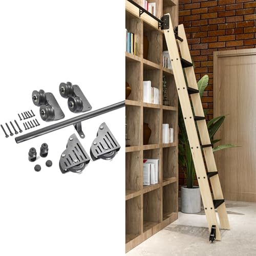 Kit de herrajes para escalera deslizante para biblioteca, riel de escalera móvil de 3,3 a 24 pies para el hogar/gabinetes/loft/literas, riel rodante con ruedas de piso (sin escalera)(300cm Kit de pist