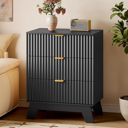 Image of BORNOON Fluted 3 Drawer Dresser, 30.3 inch Tall Compact Modern Boho Chest of Drawers, Wooden Storage Cabinet for Bedroom, Living Room, Entryway, Curved Profile Design