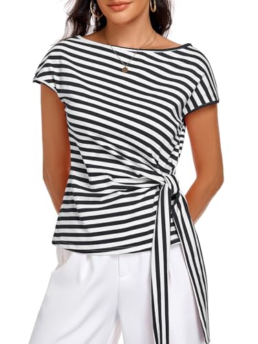 Image of HOTIAN Womens Cap Sleeve T Shirts 2026 Tie Waist Wrap Tops Crew Neck Blouses Dressy Casual Loose Work Business Dressy