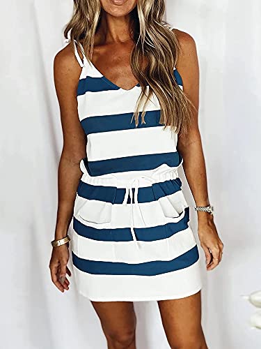 Women Summer Sleeveless Striped Lace Up Drawstring Dress V Neck Drawstring Sling Dress Dark Blue #TOP1