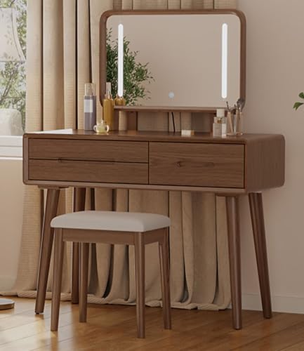 Image of KungFuWood Solid Wood Vanity Desk with Mirror and 3 Lighting Modes,Makeup Vanity Adjustable Height with 3 Drawers,Easy Assemble Vanity Table,Dressing Table for Bedroom