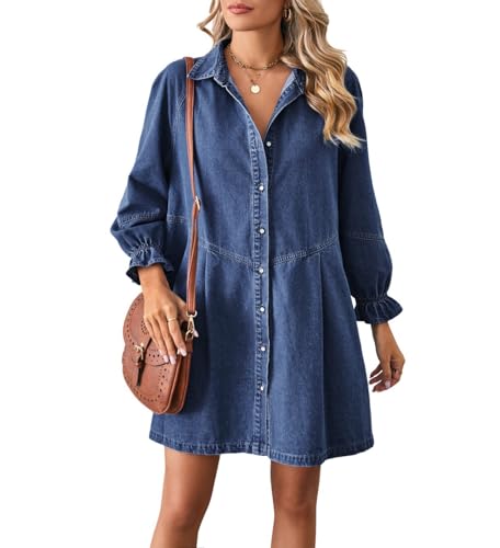 chouyatou Women's Button Down Denim Shirt Dress Lantern Long Sleeve Tiered Baydoll Jean Mini Dress