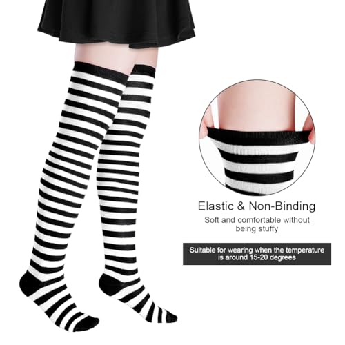 Alaoo Damskie podkolanówki, cienkie paski, damskie, bardzo długie skarpety do uda, na co dzień, do cosplay, na karnawał, maskaradę, Czarno-białe paski, L