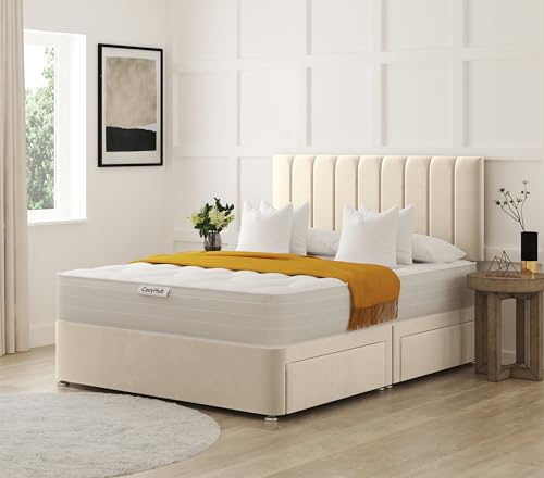 COZY HUB LTD Panel Thin Line Plush Velvet Divan Bed with 10 Inch Ortho Tufted Mattress & Headboard – Luxury Divan Set with Drawer Storage Options. (Cream, 4Ft6-2 Drawers)
