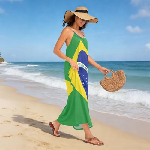 decor gift Robe pour Femmes avec Dos Bas et Camisole Style Fluide avec Imprimé du Drapeau Brésilien Vert pour la Maison Nationale Brésilienne, Robe d'Eté pour les Vacances M, Taille L – vue 2
