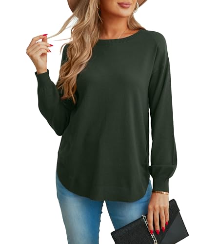 GRECERELLE Pull à manches longues pour femme, léger, col rond, pull décontracté en tricot doux pour femme, 05 Vert militaire, M