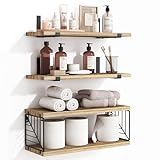 Fixwal 3+1 Tier Bathroom Floating Shelves Over Toilet, 15.8in Farmhouse Rustic Wood Shelves, Wall Decor for Bathroom, Living Room,Bedroom and Kitchen (Rustic Brown)