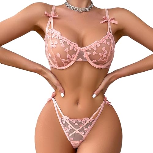 Auriselle Ladies Sexy Bow Embroidery Lingerie Set Mujer 2 Piezas, Corazón Motivo Bordado Malla Lazo Decoración Translúcido Encaje Media Copa Sujetador con Aros Tanga Push Up Babydoll Teddy, Rosa