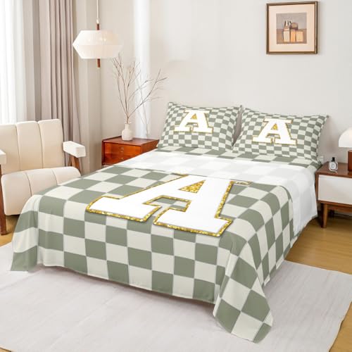 Image of Erosebridal Sage Green Checkered Bed Sheets Queen Plaid Initial A Sheet Set Personalized Monogram Bedding Set for Kids Boys Girls,Fashion Grids Gingham Fitted Flat Sheets 4 Piece