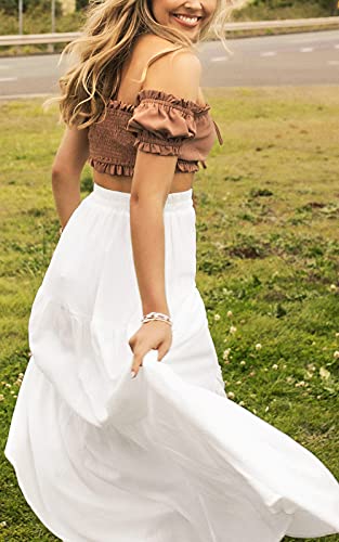 Annebouti Womens Spring Summer Boho Elastic Long Skirts High Waist Pleated A Line Tiered White or Black Maxi Skirt3