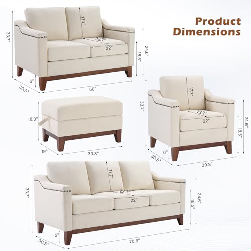 Image of 4-Piece Living Room Sofa Set with Coffee Table, Vintage Rivet Couch Sets with Solid Wood Legs, Sofas Furniture of Ottoman with Storage Space, Armchair, Loveseat and 3-Seat Sofa, Beige