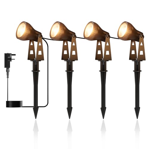 ZOTOYI Garden Spotlights Mains Powered IP68 Waterproof - 14M 4-in-1 Adjustable Angle Garden Spike Lights Warm White 400LM for Pathway, Lawn, Highlighting, Weddings, Yard,Residential Areas,3100K