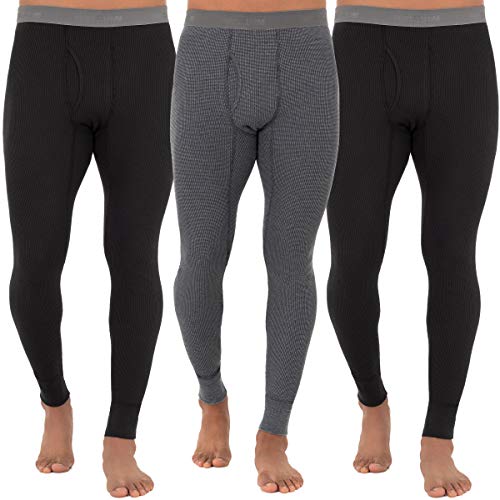 Fruit of The Loom Men's 3-Pack Recycled Waffle Thermal Underwear Bottom, Black/Black/Greystone Heather, Large