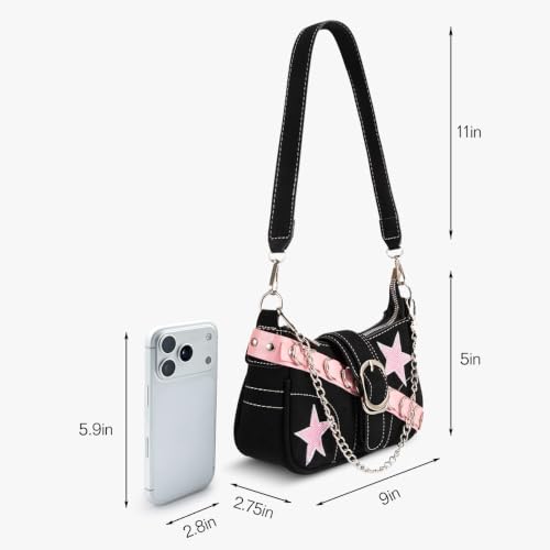 Image of Cute Y2k Purse for Women, Star Embroidery Pattern with Chain Strap Shoulder Bag, Goth Style Cute Mini Purse