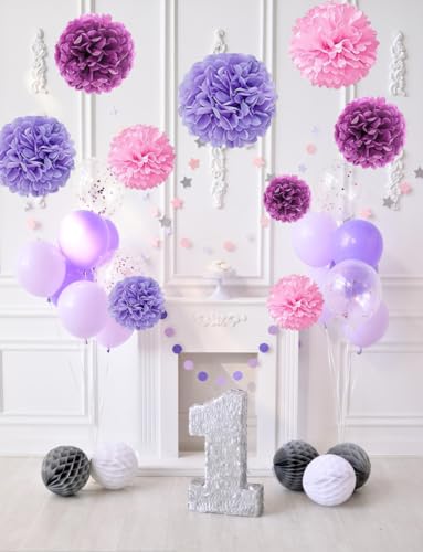 Image of Tissue Paper Pompoms Paper Flower 12 Pcs Pink,Lavender,Light Purple Paper Flower Ball for Birthday Bachelorette Wedding Baby Shower Bridal Shower Party Decoration