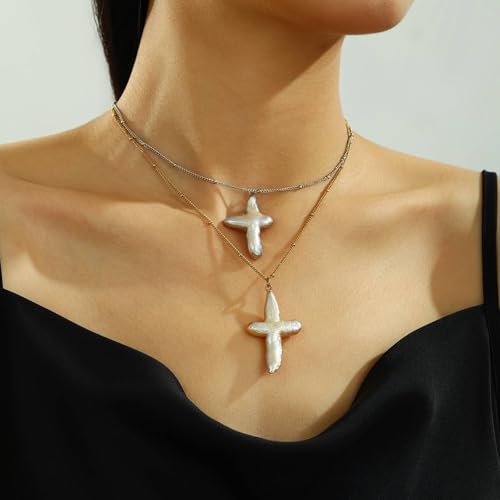Pearl Cross Necklace for Women Freshwater Natural Chunky Baroque Pearl Necklaces Big Gold Cross Necklace Sideways Cross Christian Gifts for Women Men Trendy Jewelry4