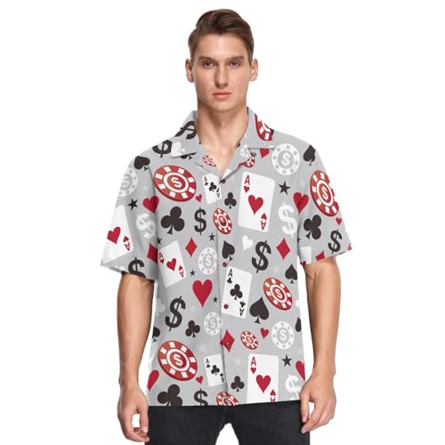 ALAZA Poker Card Gray Men's Hawaiian Shirt Short Sleeve Button Down Shirt Casual Beach Shirts S M L XL 2XL 3XL