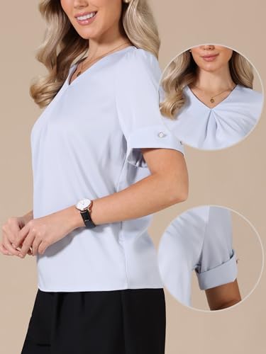 Chemisier élégant en satin brillant col V Allegra K blouse fluide manches courtes - 4
