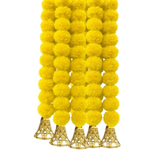 Image of Marigold Garlands Decoration with Bell, Artificial Flowers for Decorations Hanging Garlands for Home Decorations, Ganpati Decoration /Diwali Decoration for Home Decor- (Yellow, Pack of 5)