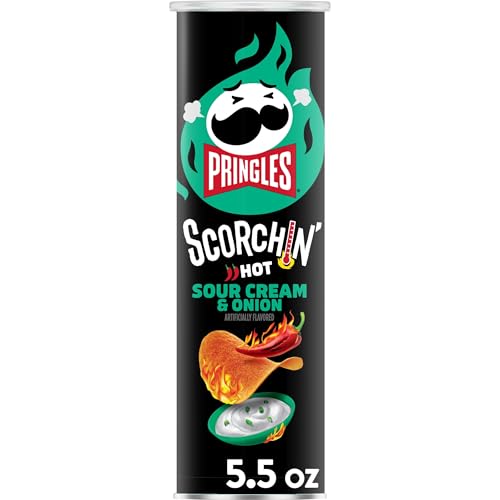 Pringles Scorchin' Potato Crisps Chips, Sour Cream and Onion, Fiery Spicy Snacks, 5.5oz Can